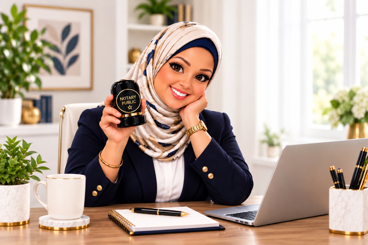 Notaries R Us notary public at her desk holding a notary stamp